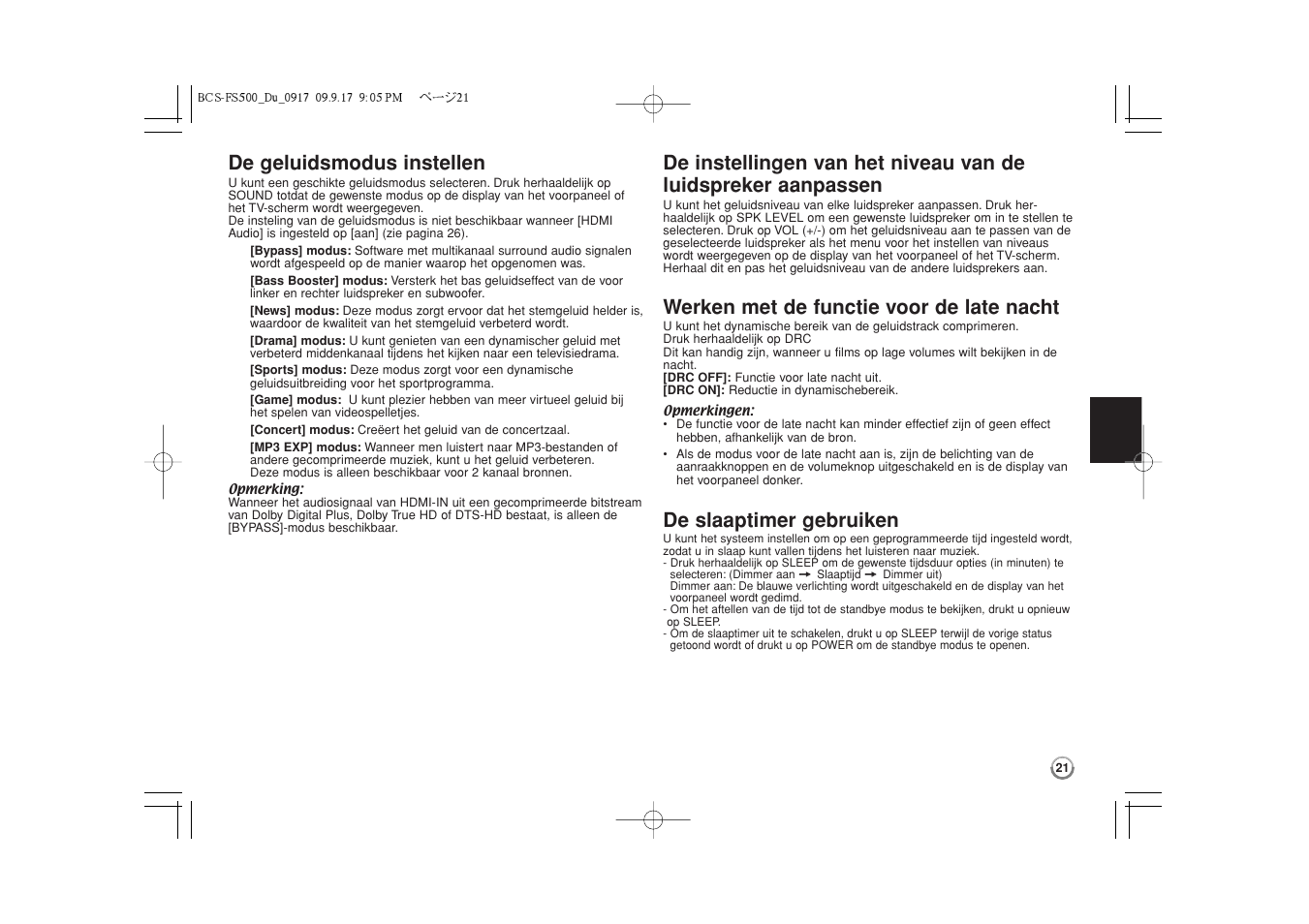 De geluidsmodus instellen, Werken met de functie voor de late nacht, De slaaptimer gebruiken | Pioneer BCS-FS500 User Manual | Page 213 / 304