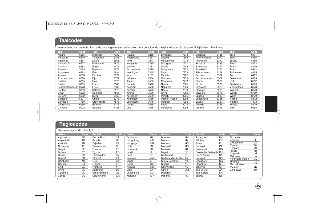 Taalcodes, Regiocodes | Pioneer BCS-FS500 User Manual | Page 237 / 304