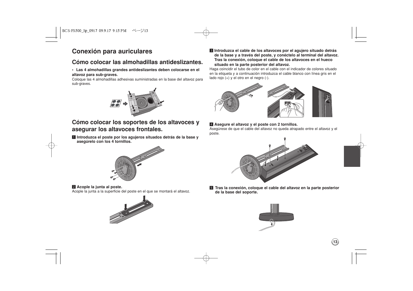 Conexión para auriculares -15, Conexión para auriculares, Cómo colocar las almohadillas antideslizantes | Pioneer BCS-FS500 User Manual | Page 253 / 304