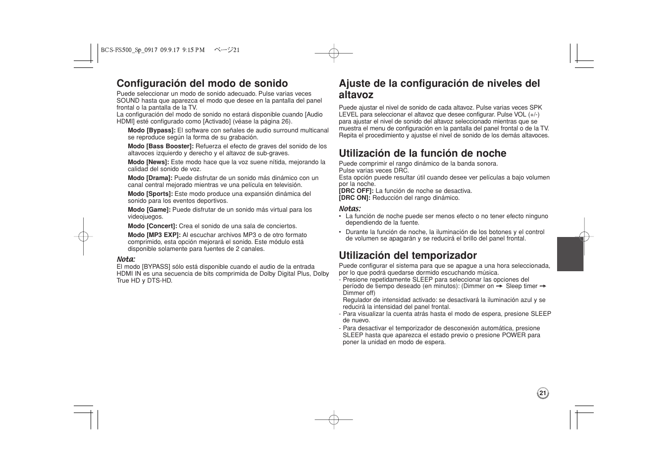 Configuración del modo de sonido, Ajuste de la configuración de niveles del altavo, Utilización de la función de noche | Utilización del temporizador, Ajuste de la configuración de niveles del altavoz | Pioneer BCS-FS500 User Manual | Page 261 / 304