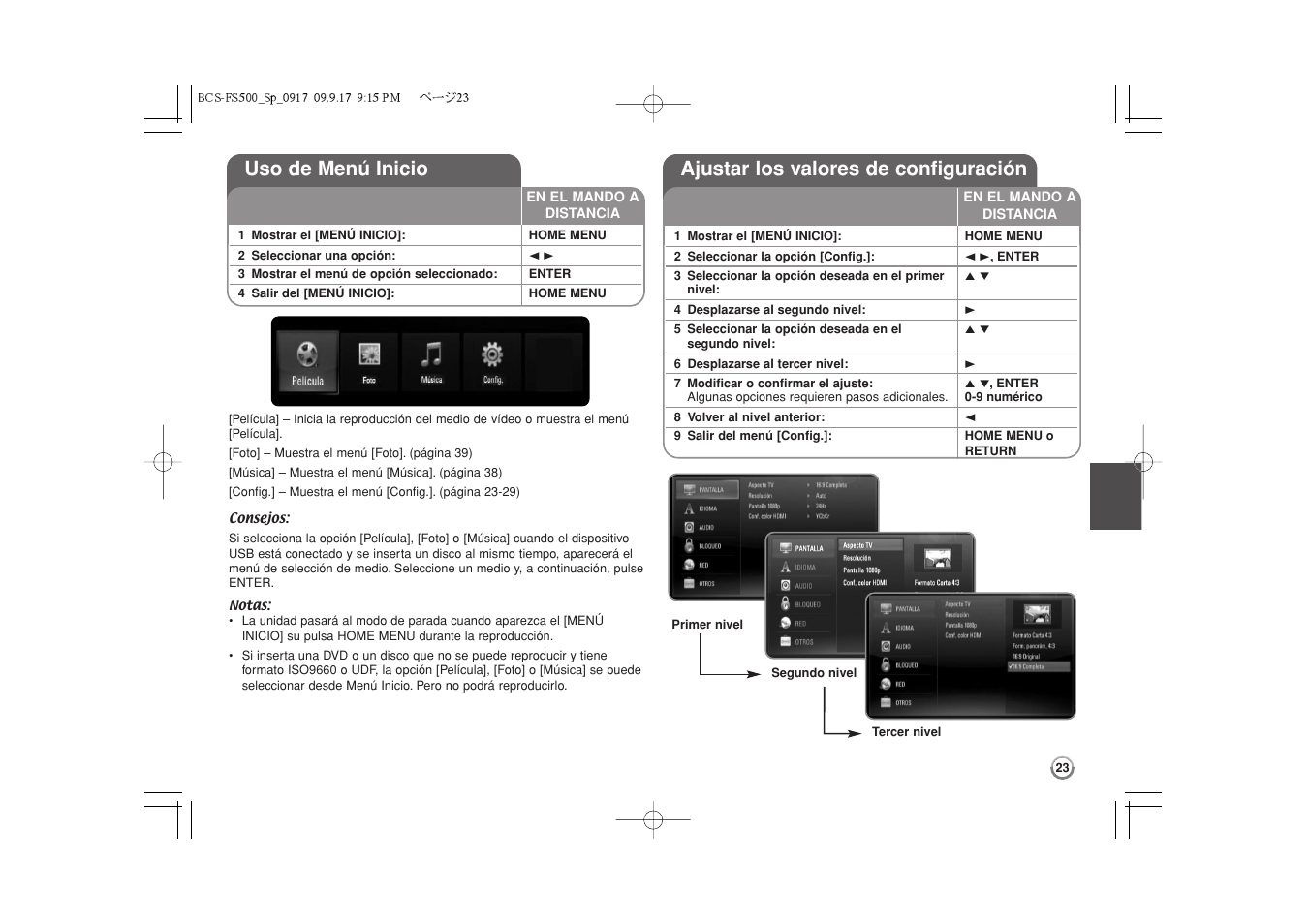 Uso de menú inicio, Ajustar los valores de configuración -29, Ajustar los valores de configuración | Pioneer BCS-FS500 User Manual | Page 263 / 304