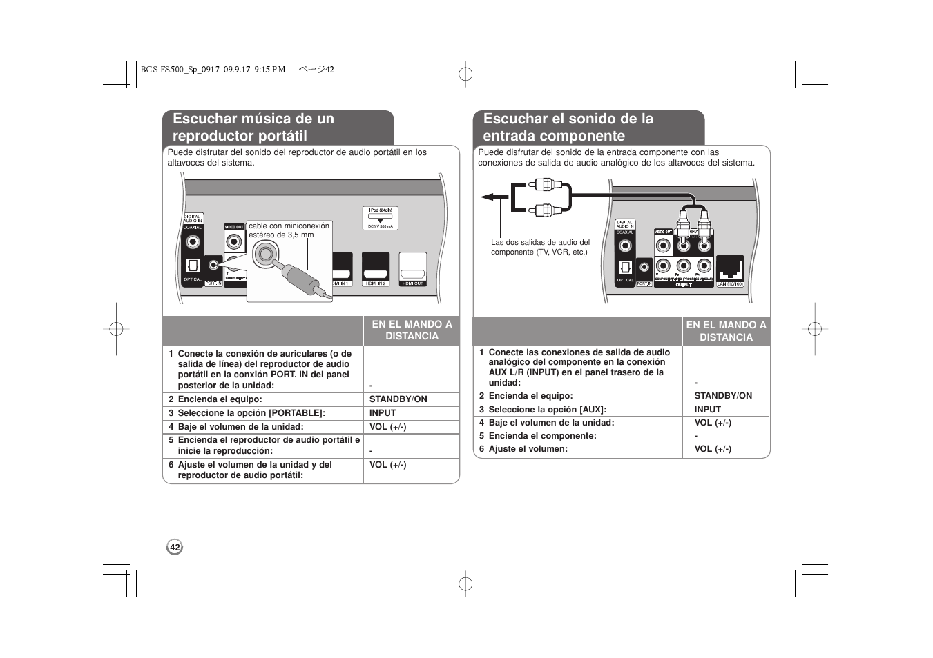 Escuchar música de un reproductor portátil, Escuchar el sonido de la entrada componente | Pioneer BCS-FS500 User Manual | Page 282 / 304