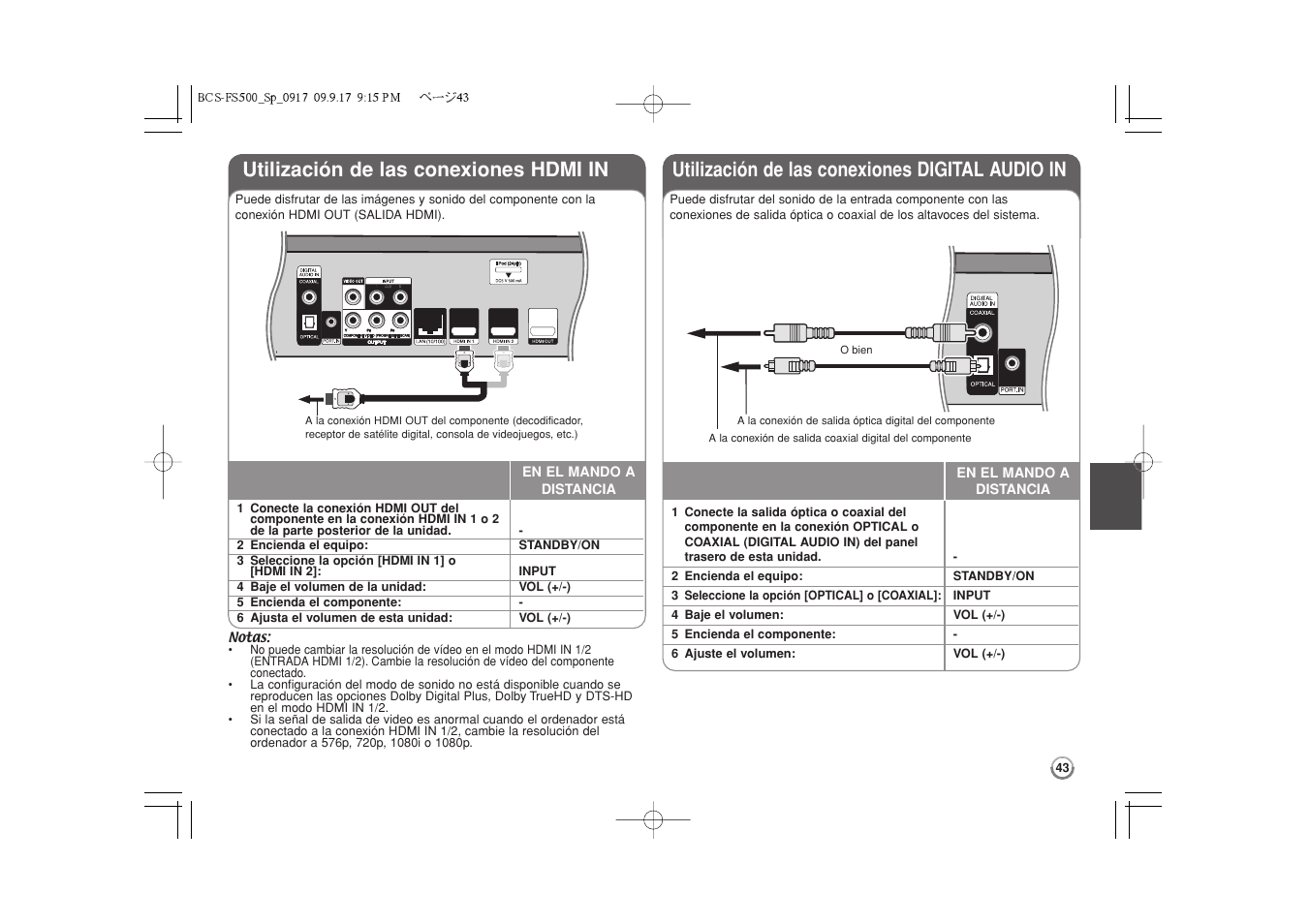 Utilización de las conexiones hdmi in, Utilización de las conexiones digital audio in | Pioneer BCS-FS500 User Manual | Page 283 / 304
