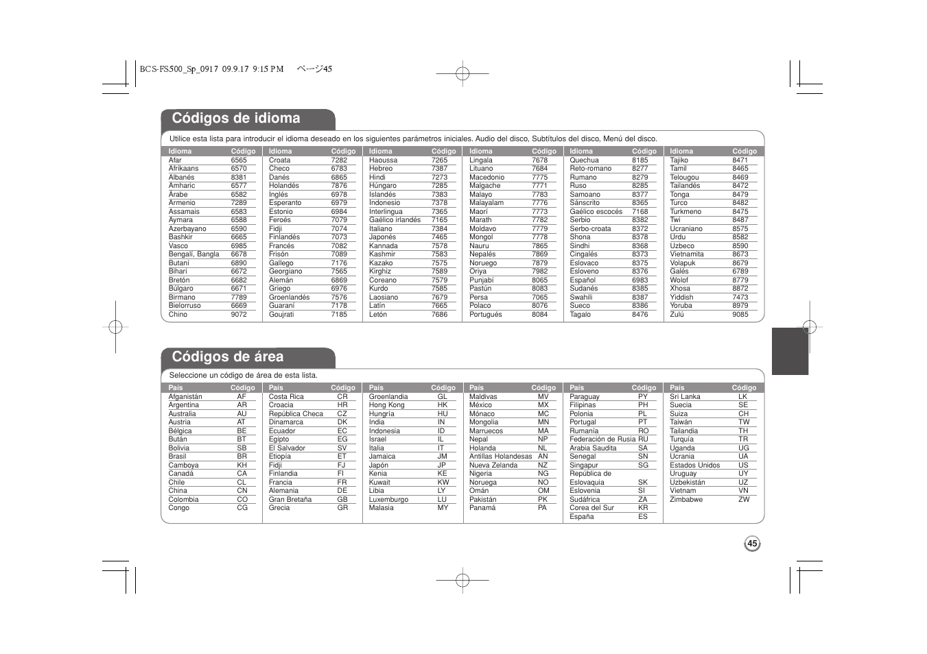 Códigos de idioma, Códigos de área | Pioneer BCS-FS500 User Manual | Page 285 / 304