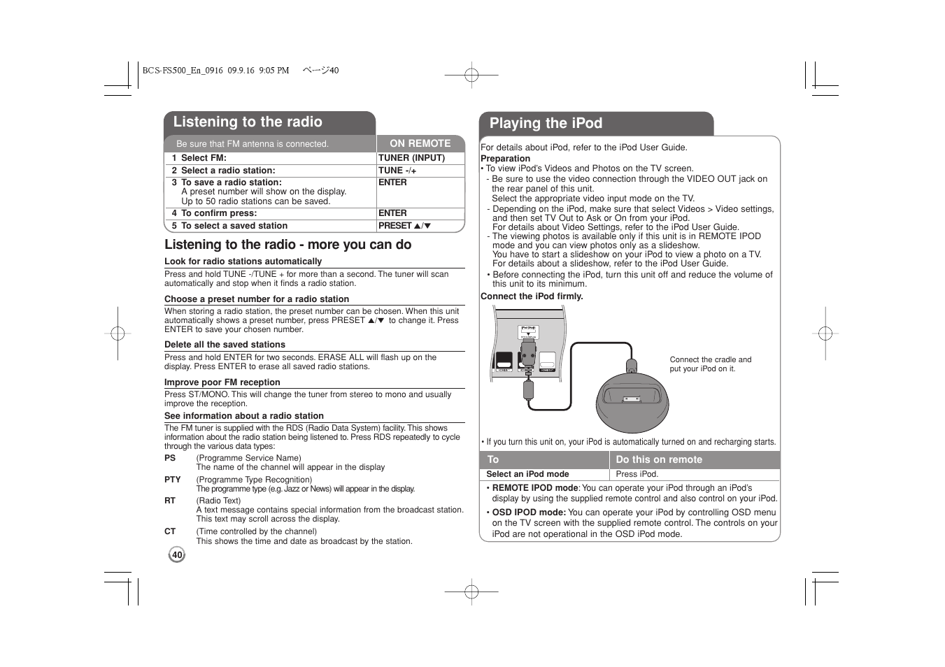 Listening to the radio, Playing the ipod -41, Playing the ipod | Listening to the radio - more you can do | Pioneer BCS-FS500 User Manual | Page 40 / 304