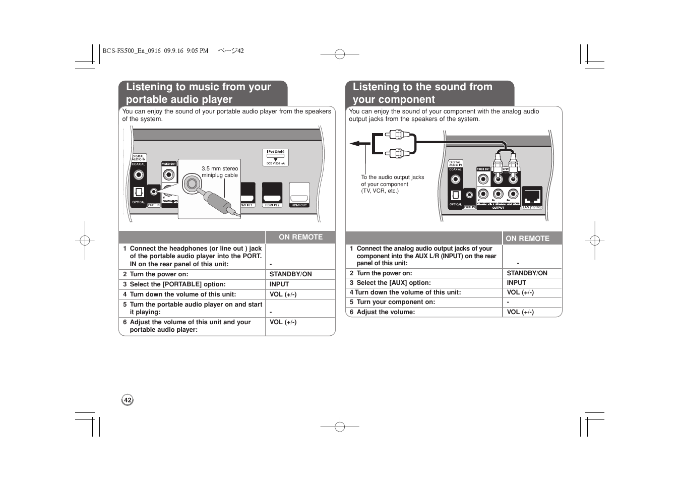 Listening to music from your portable audio player, Listening to the sound from your component | Pioneer BCS-FS500 User Manual | Page 42 / 304