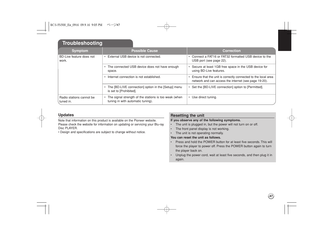 Troubleshooting | Pioneer BCS-FS500 User Manual | Page 47 / 304