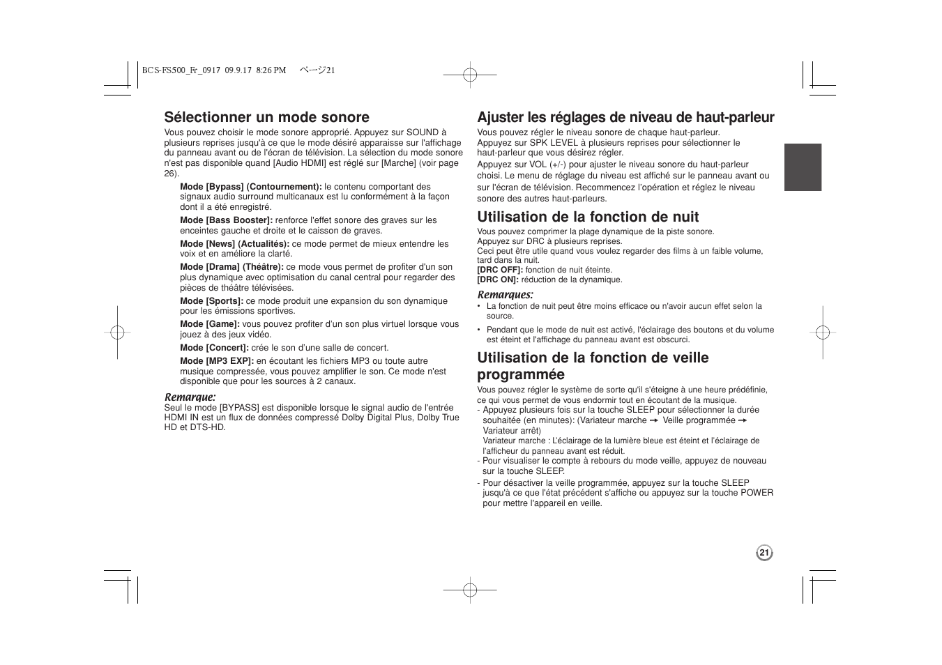 Sélectionner un mode sonore, Ajuster les réglages de niveau de haut-parleur, Utilisation de la fonction de nuit | Utilisation de la fonction de veil programmée, Utilisation de la fonction de veille programmée | Pioneer BCS-FS500 User Manual | Page 69 / 304