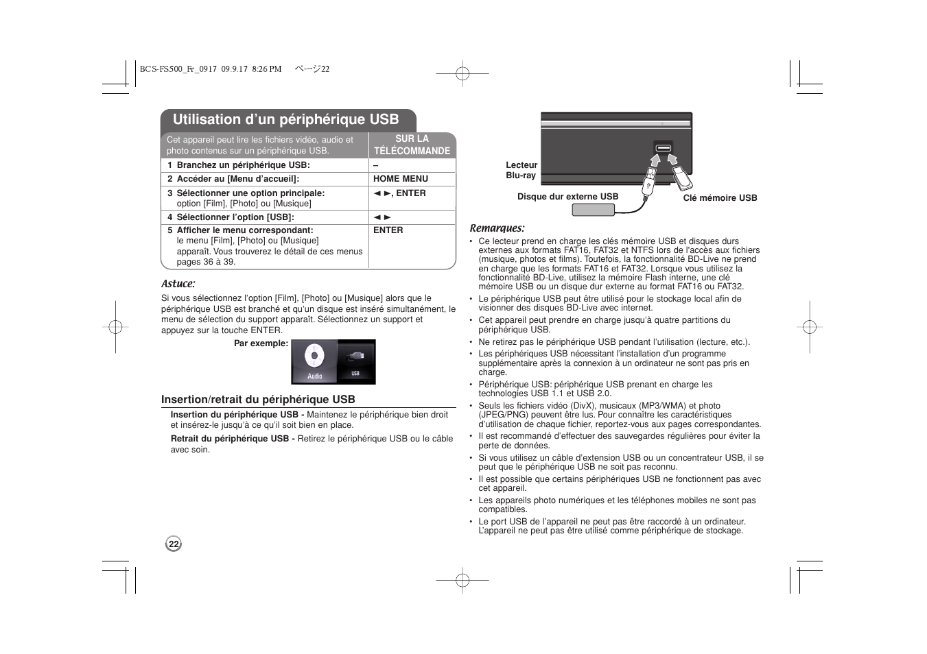 Utilisation d’un périphérique usb | Pioneer BCS-FS500 User Manual | Page 70 / 304