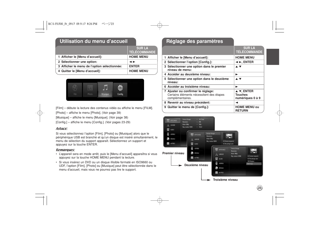 Utilisation du menu d’accueil, Réglage des paramètres -29, Réglage des paramètres | Pioneer BCS-FS500 User Manual | Page 71 / 304