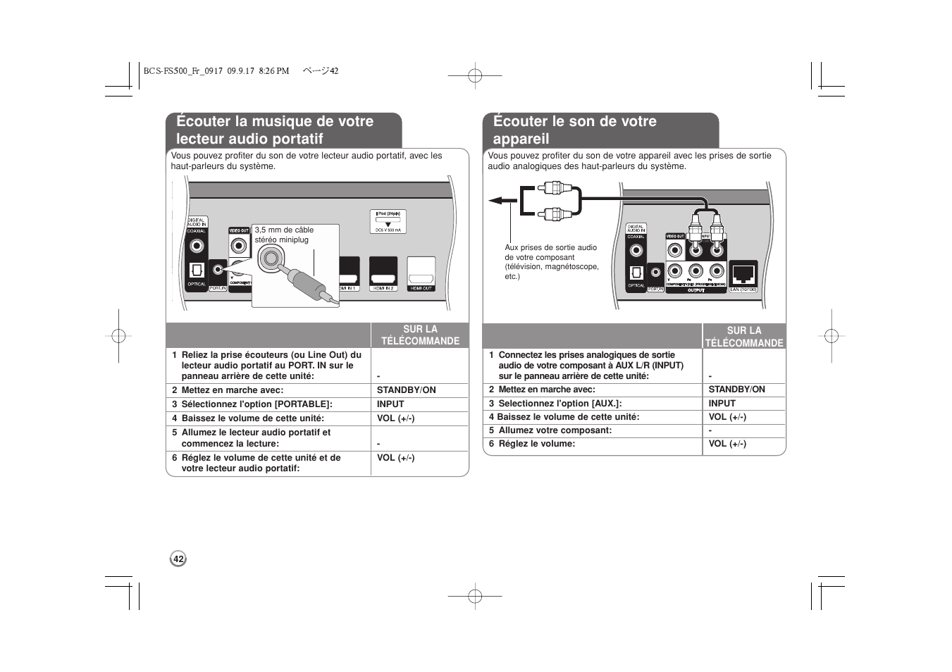 Écouter la musique de votre lecteur audio portatif, Écouter le son de votre appareil | Pioneer BCS-FS500 User Manual | Page 90 / 304