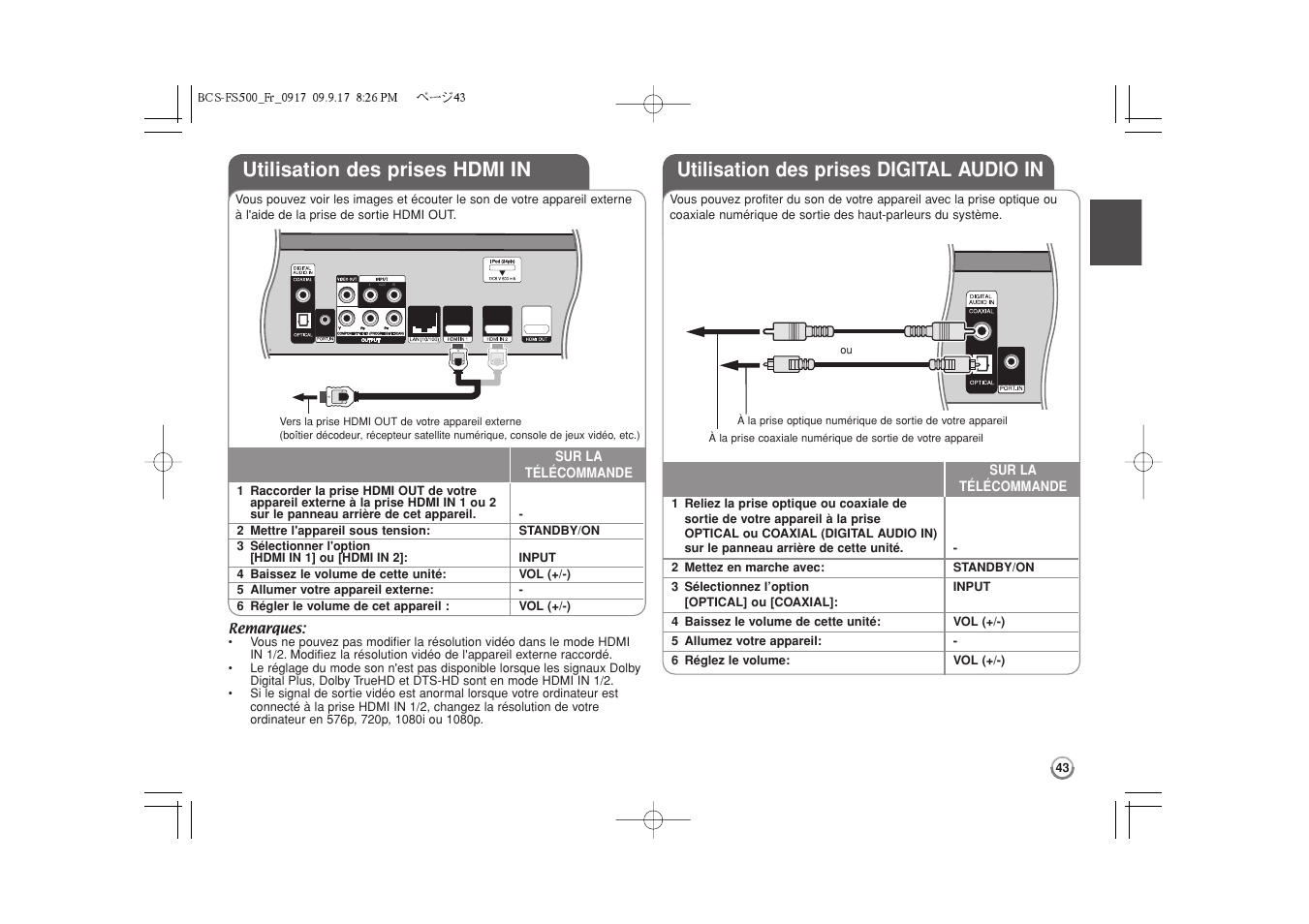 Utilisation des prises hdmi in, Utilisation des prises digital audio in | Pioneer BCS-FS500 User Manual | Page 91 / 304
