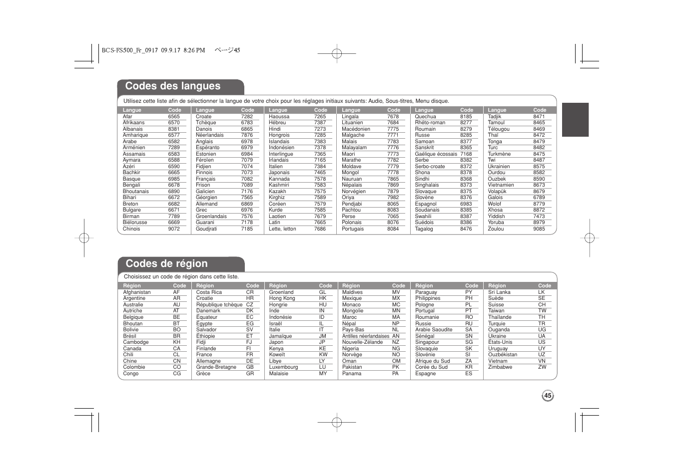 Codes des langues, Codes de région | Pioneer BCS-FS500 User Manual | Page 93 / 304