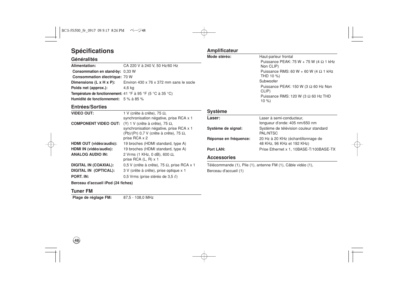 Spécifications | Pioneer BCS-FS500 User Manual | Page 96 / 304