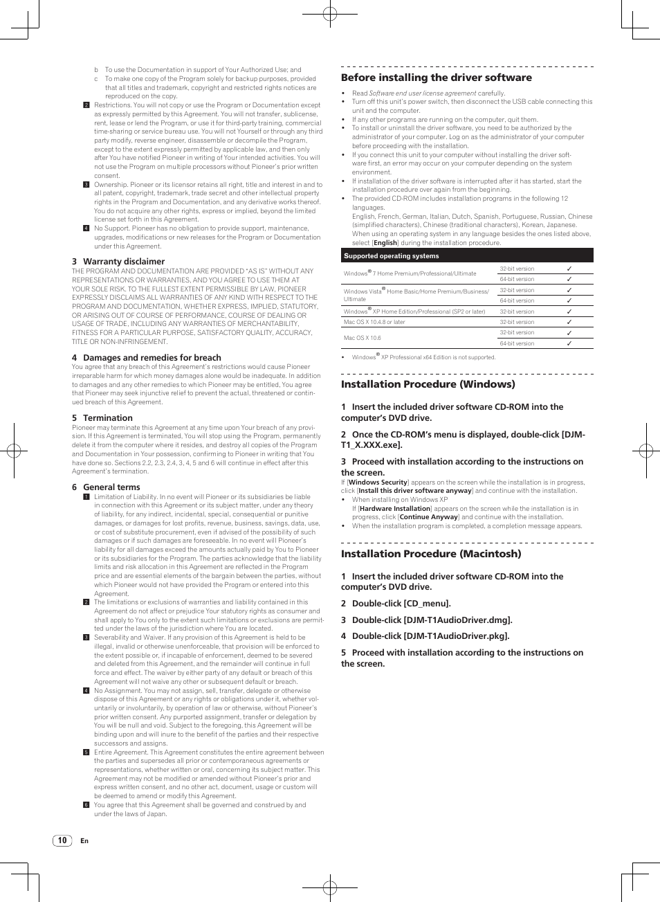 Before installing the driver software, Installation procedure (windows), Installation procedure (macintosh) | Pioneer DJM-T1 User Manual | Page 10 / 100