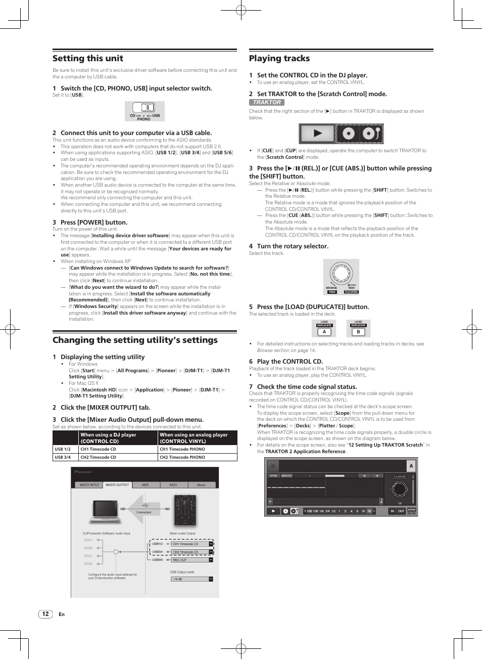 Setting this unit, Changing the setting utility’s settings, Playing tracks | Pioneer DJM-T1 User Manual | Page 12 / 100