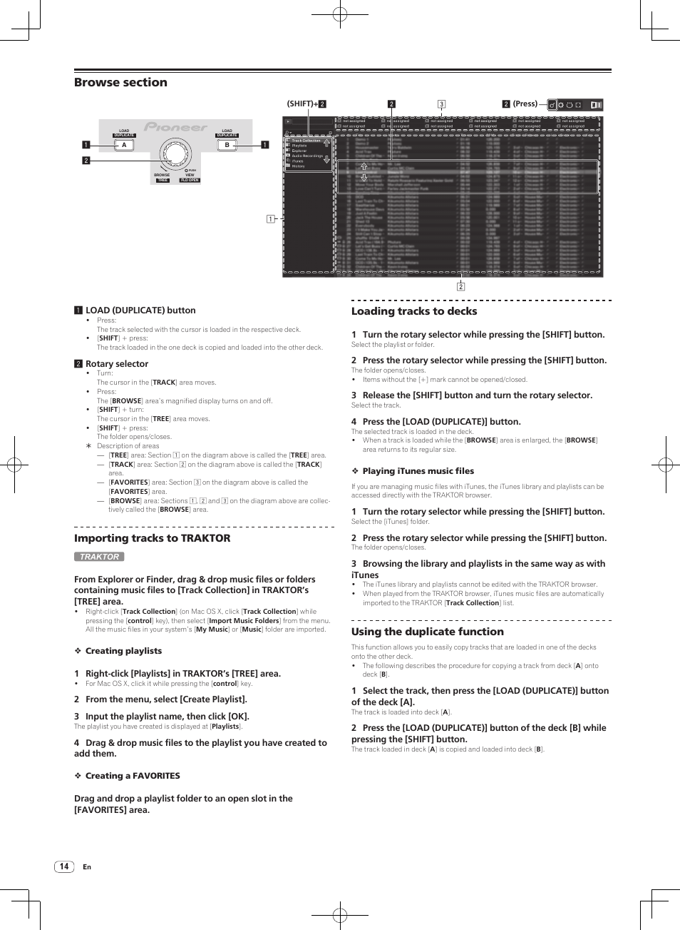 Browse section, Importing tracks to traktor, Loading tracks to decks | Using the duplicate function | Pioneer DJM-T1 User Manual | Page 14 / 100