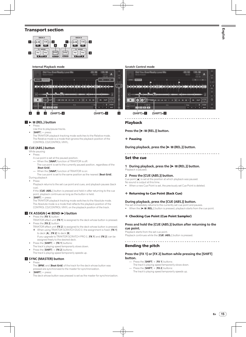 Transport section, Playback, Set the cue | Bending the pitch | Pioneer DJM-T1 User Manual | Page 15 / 100