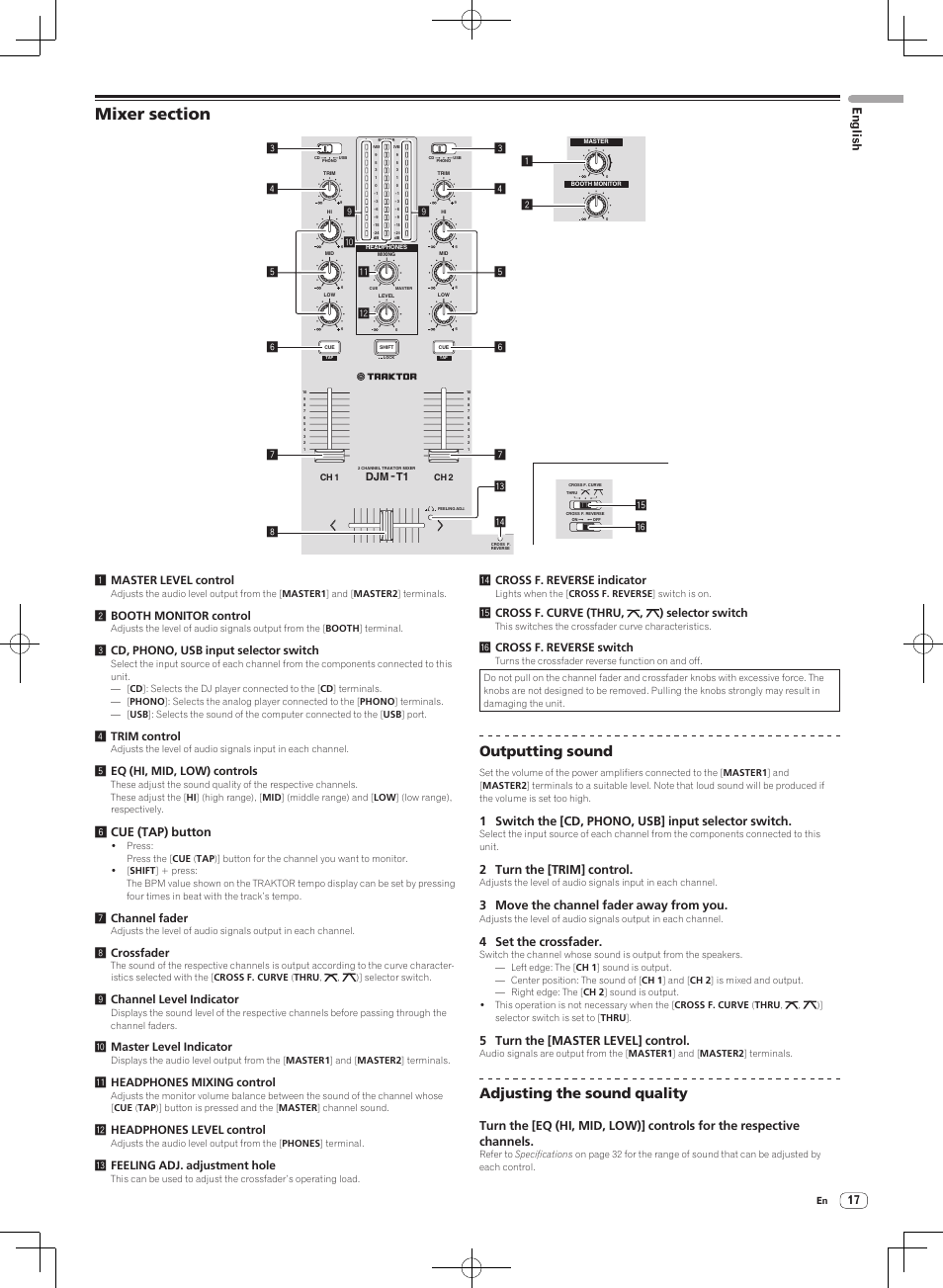 Mixer section, Outputting sound, Adjusting the sound quality | English, 2booth monitor control, 3cd, phono, usb input selector switch, 4trim control, 5eq (hi, mid, low) controls, 6cue (tap) button, 7channel fader | Pioneer DJM-T1 User Manual | Page 17 / 100