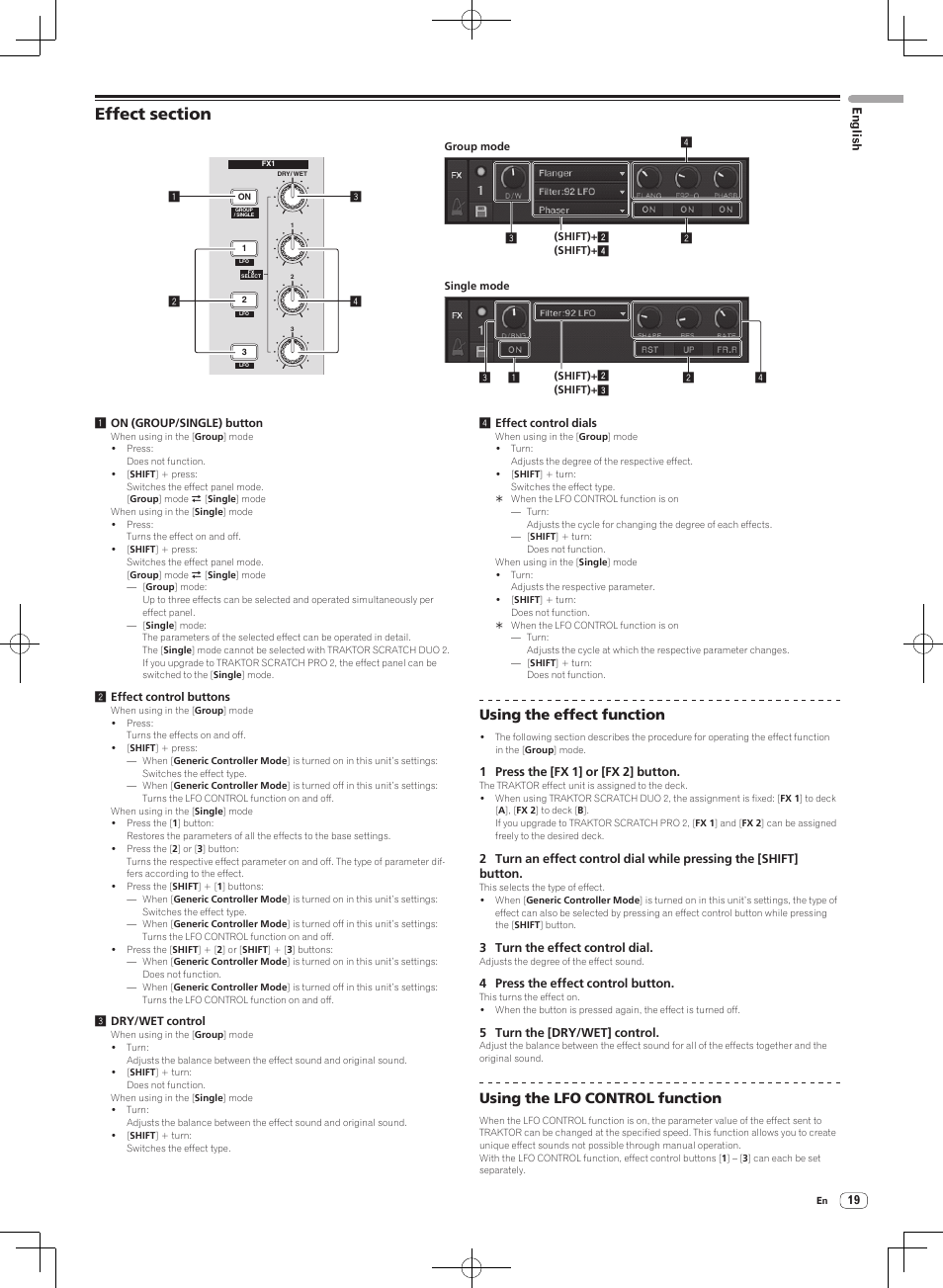 Effect section, Using the effect function, Using the lfo control function | Pioneer DJM-T1 User Manual | Page 19 / 100