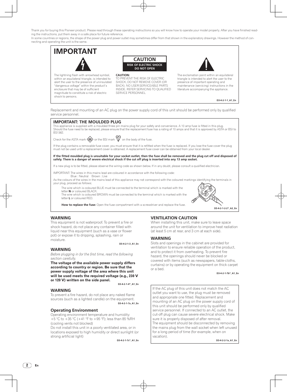 Important, Caution, Important: the moulded plug | Warning, Operating environment, Ventilation caution | Pioneer DJM-T1 User Manual | Page 2 / 100