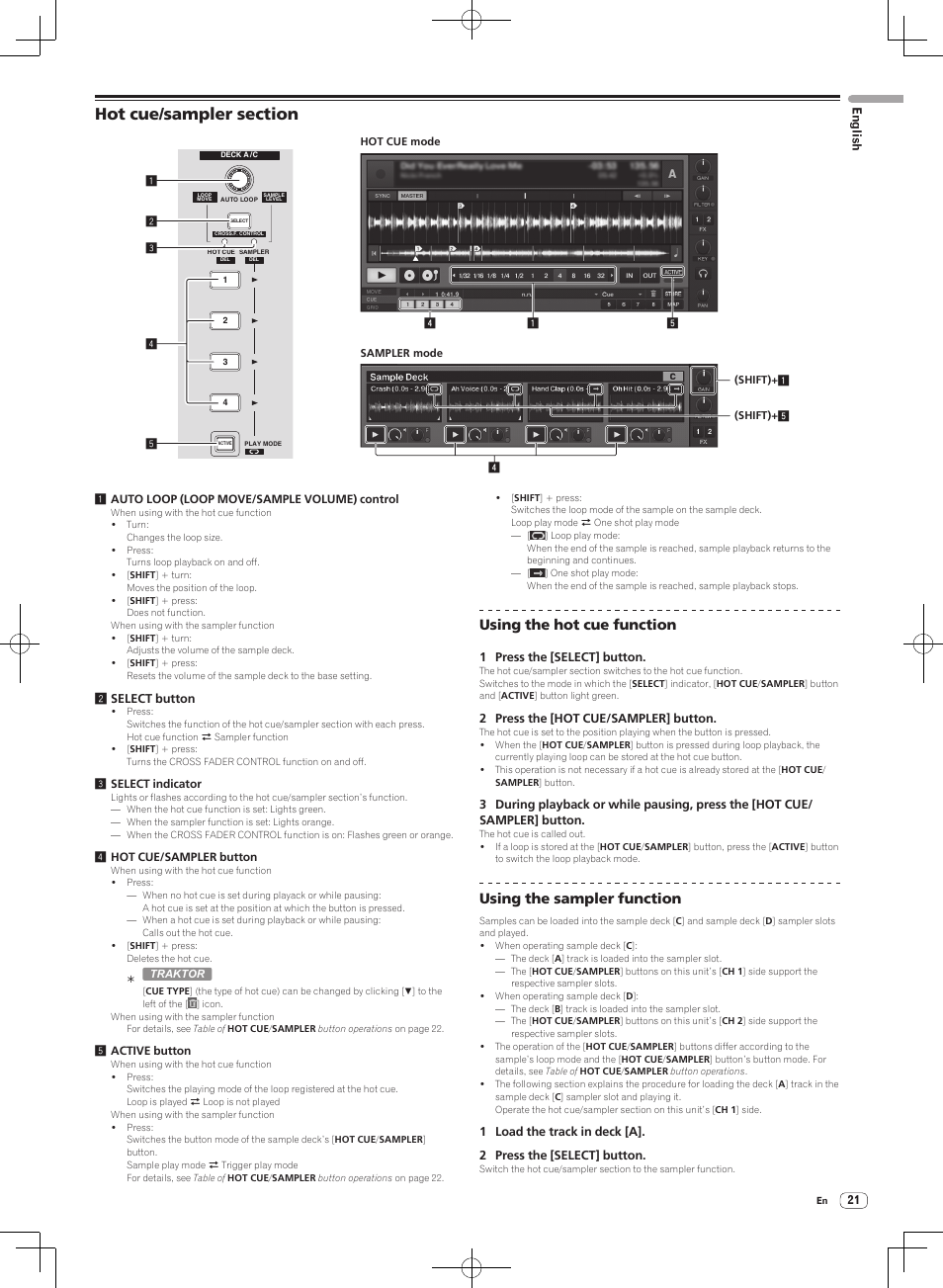 Hot cue/sampler section, Using the hot cue function, Using the sampler function | Pioneer DJM-T1 User Manual | Page 21 / 100