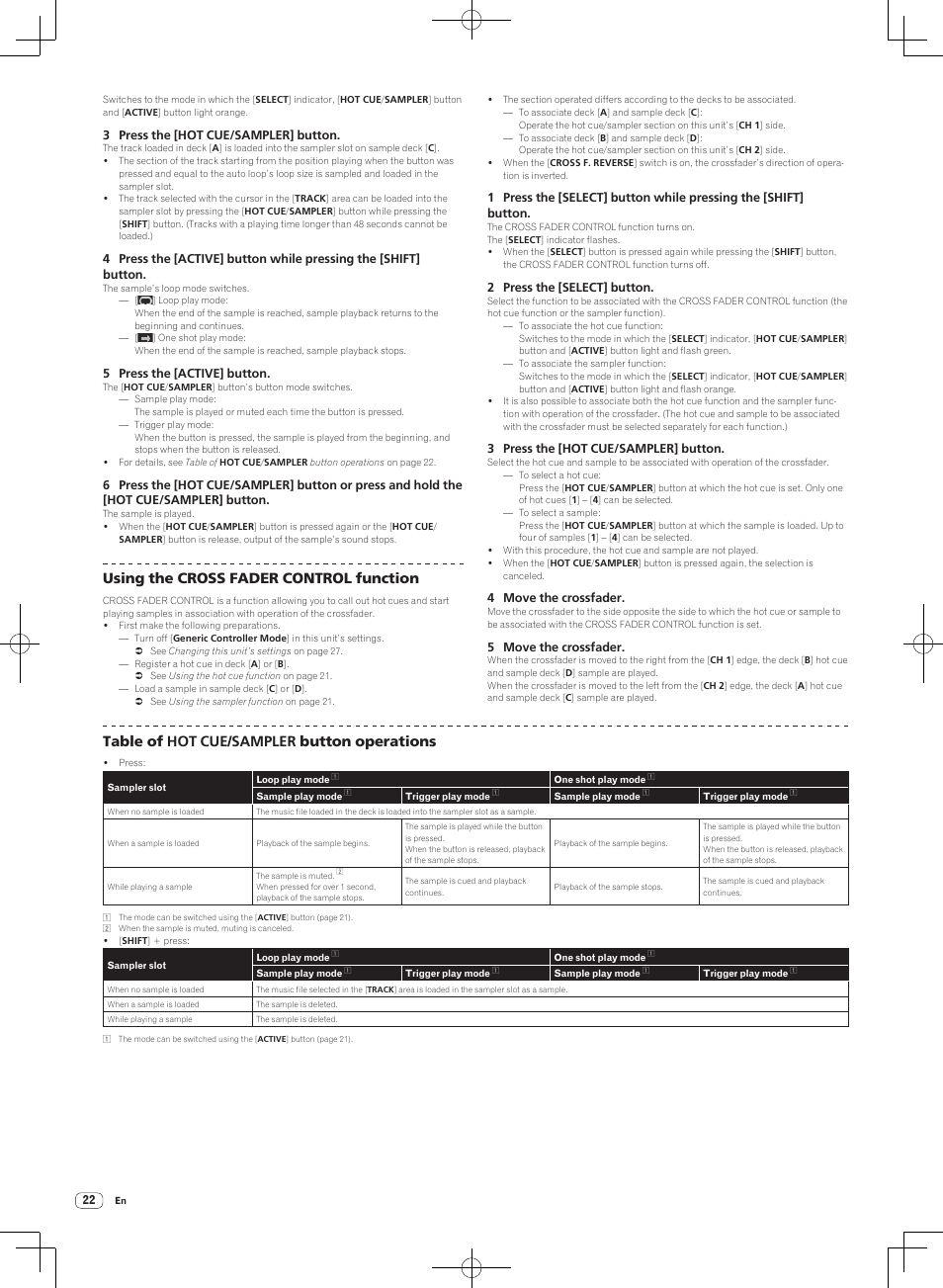 Using the cross fader control function, Table of hot cue/sampler button operations | Pioneer DJM-T1 User Manual | Page 22 / 100