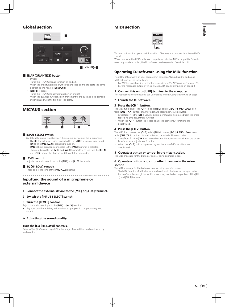 Global section mic/aux section midi section, Operating dj software using the midi function | Pioneer DJM-T1 User Manual | Page 23 / 100