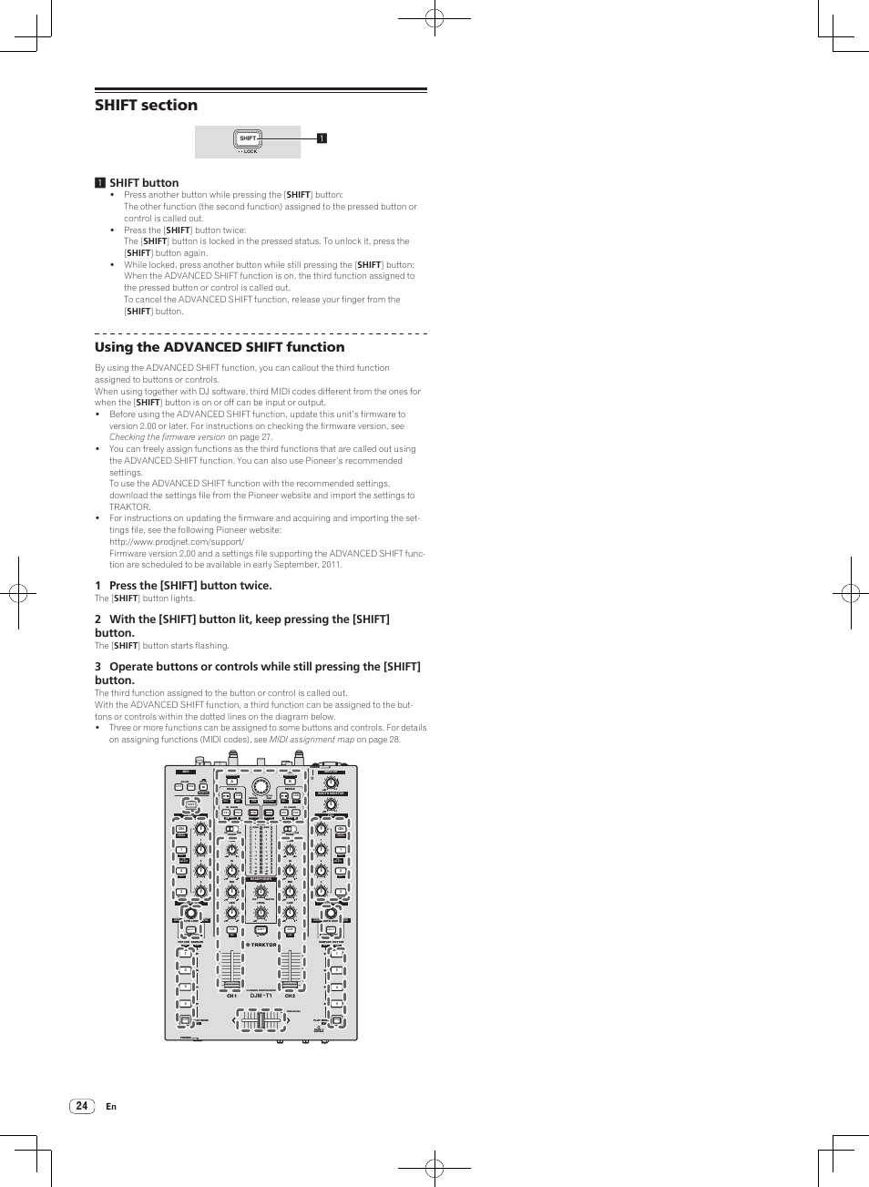 Shift section, Using the advanced shift function, Push | 1shift button, 1 press the [shift] button twice, The [ shift ] button lights, The [ shift ] button starts flashing | Pioneer DJM-T1 User Manual | Page 24 / 100