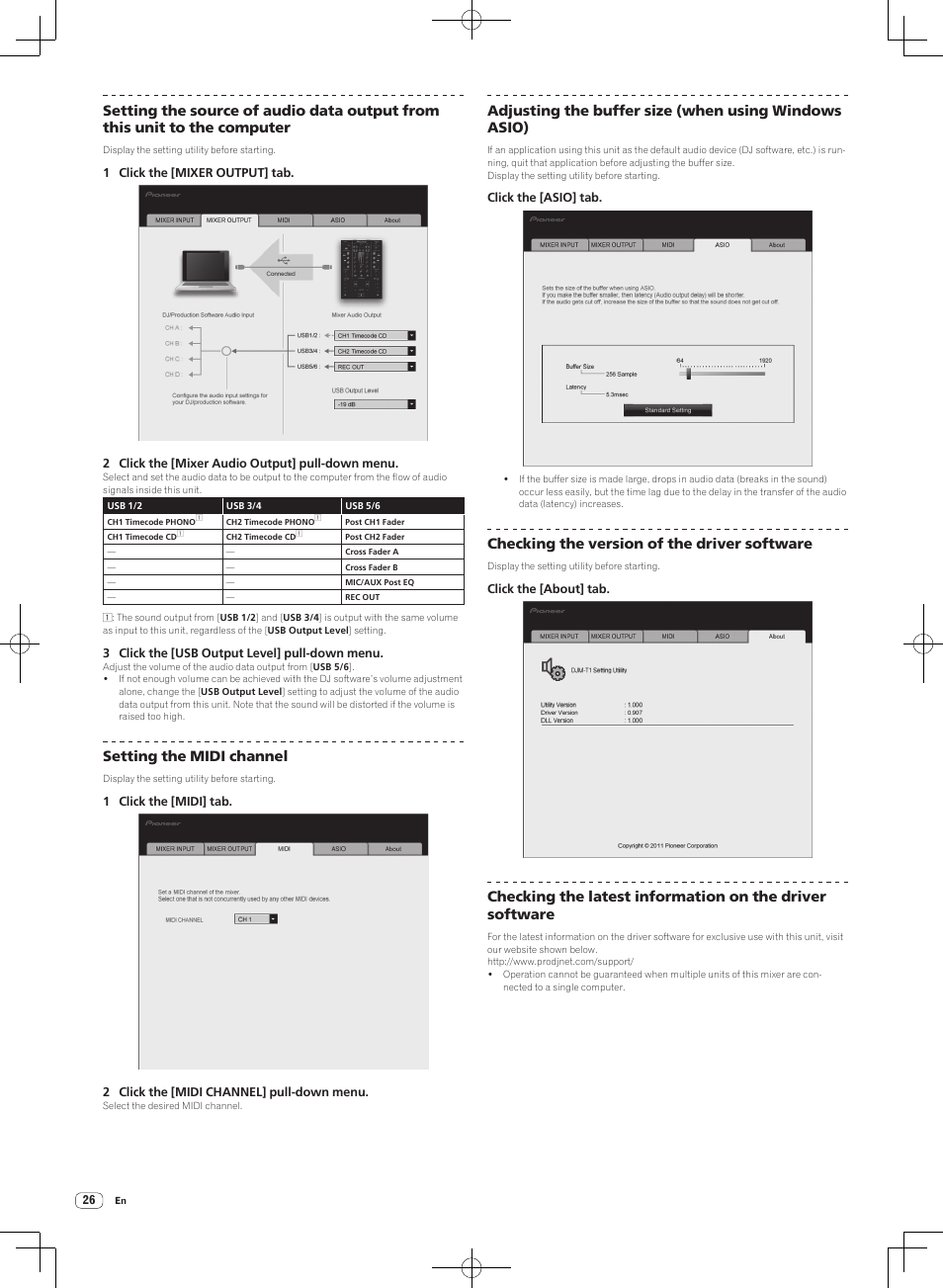 Setting the midi channel, Checking the version of the driver software | Pioneer DJM-T1 User Manual | Page 26 / 100