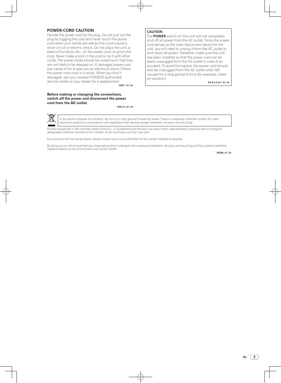 Power-cord caution | Pioneer DJM-T1 User Manual | Page 3 / 100