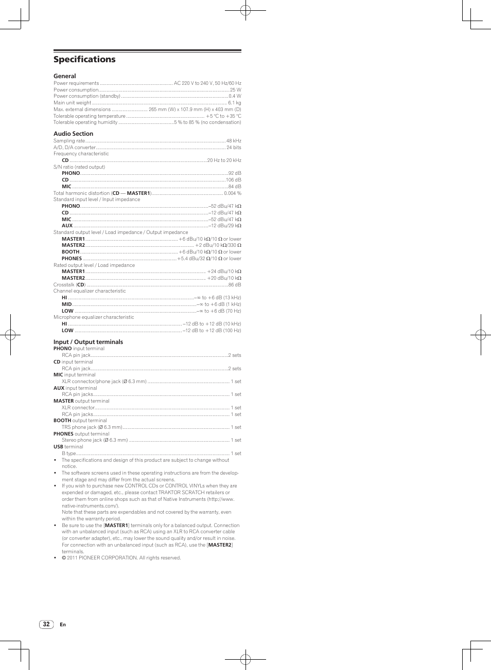 Specifications | Pioneer DJM-T1 User Manual | Page 32 / 100