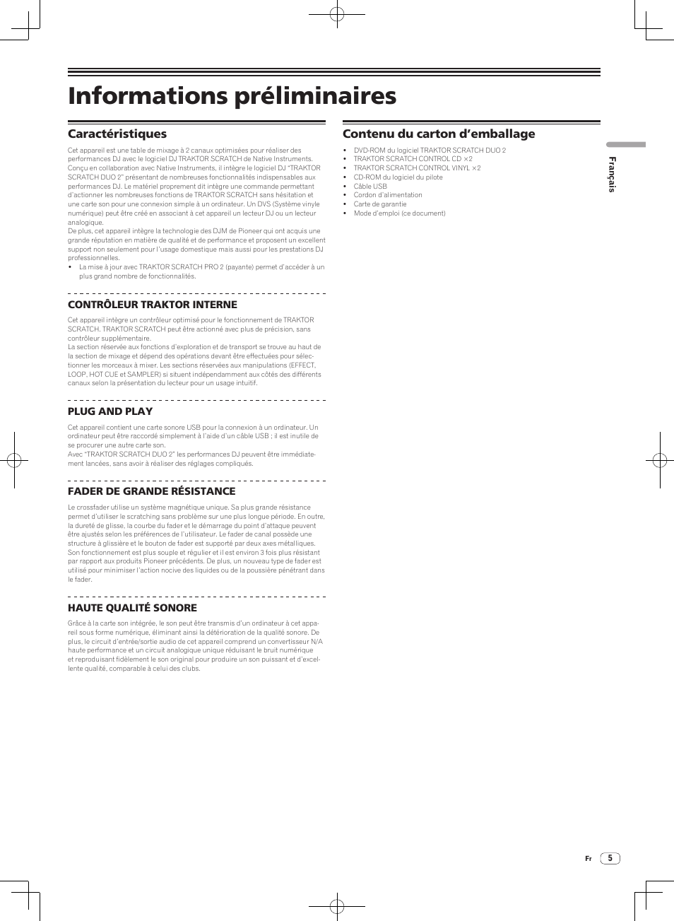Caractéristiques contenu du carton d’emballage, Informations préliminaires | Pioneer DJM-T1 User Manual | Page 37 / 100