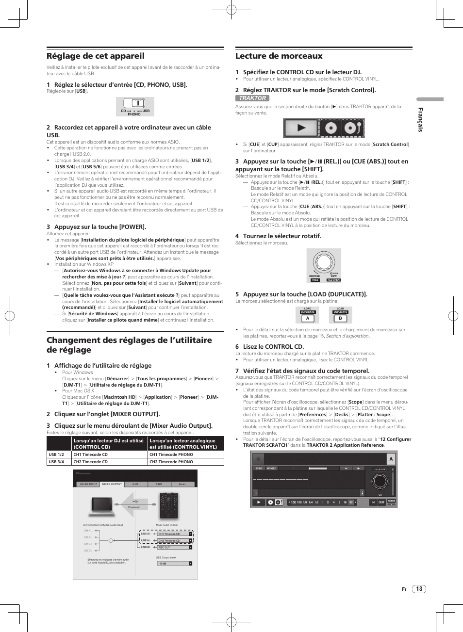 Réglage de cet appareil, Changement des réglages de l’utilitaire de réglage, Lecture de morceaux | Pioneer DJM-T1 User Manual | Page 45 / 100