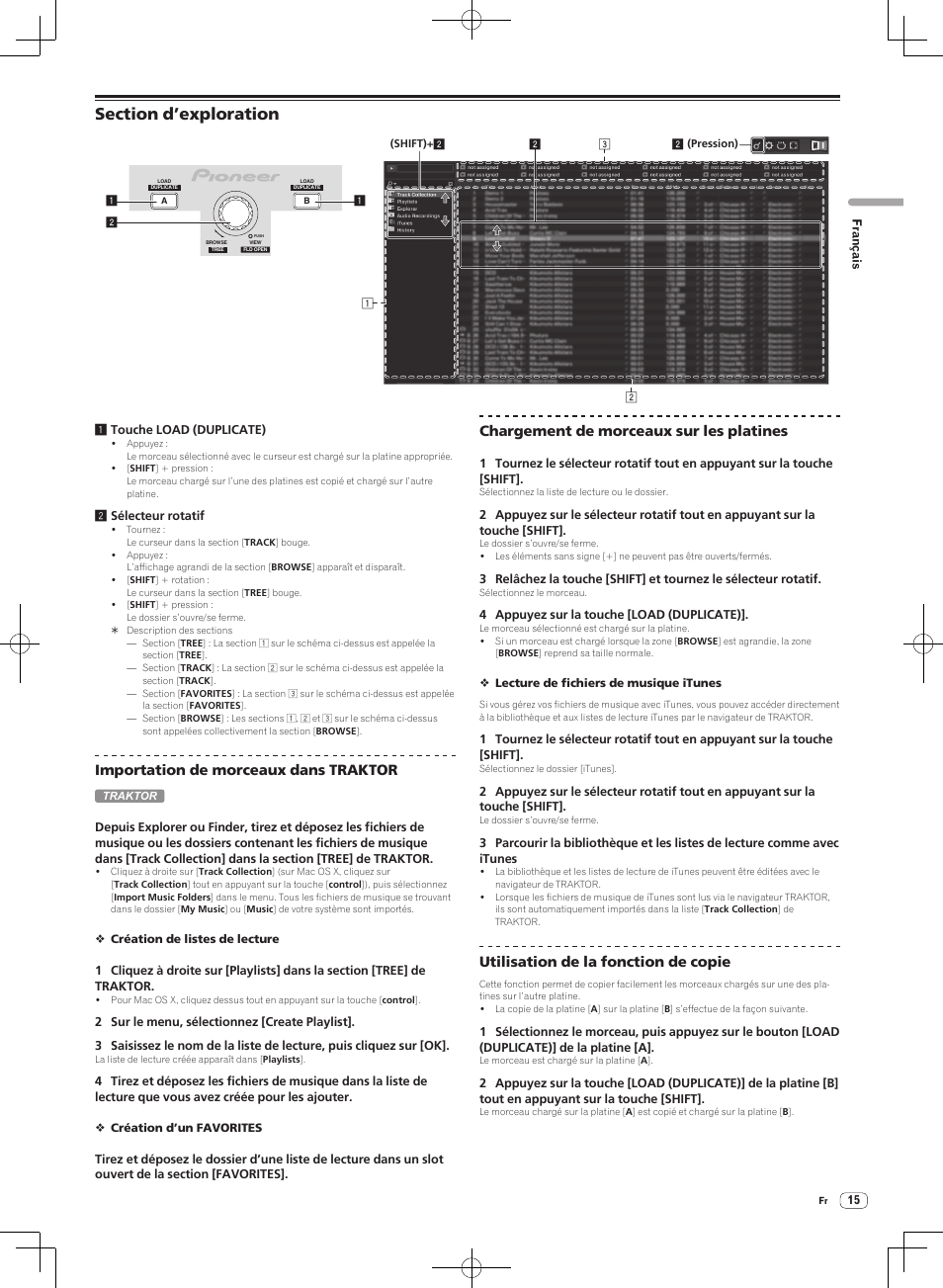 Section d’exploration, Importation de morceaux dans traktor, Chargement de morceaux sur les platines | Utilisation de la fonction de copie | Pioneer DJM-T1 User Manual | Page 47 / 100
