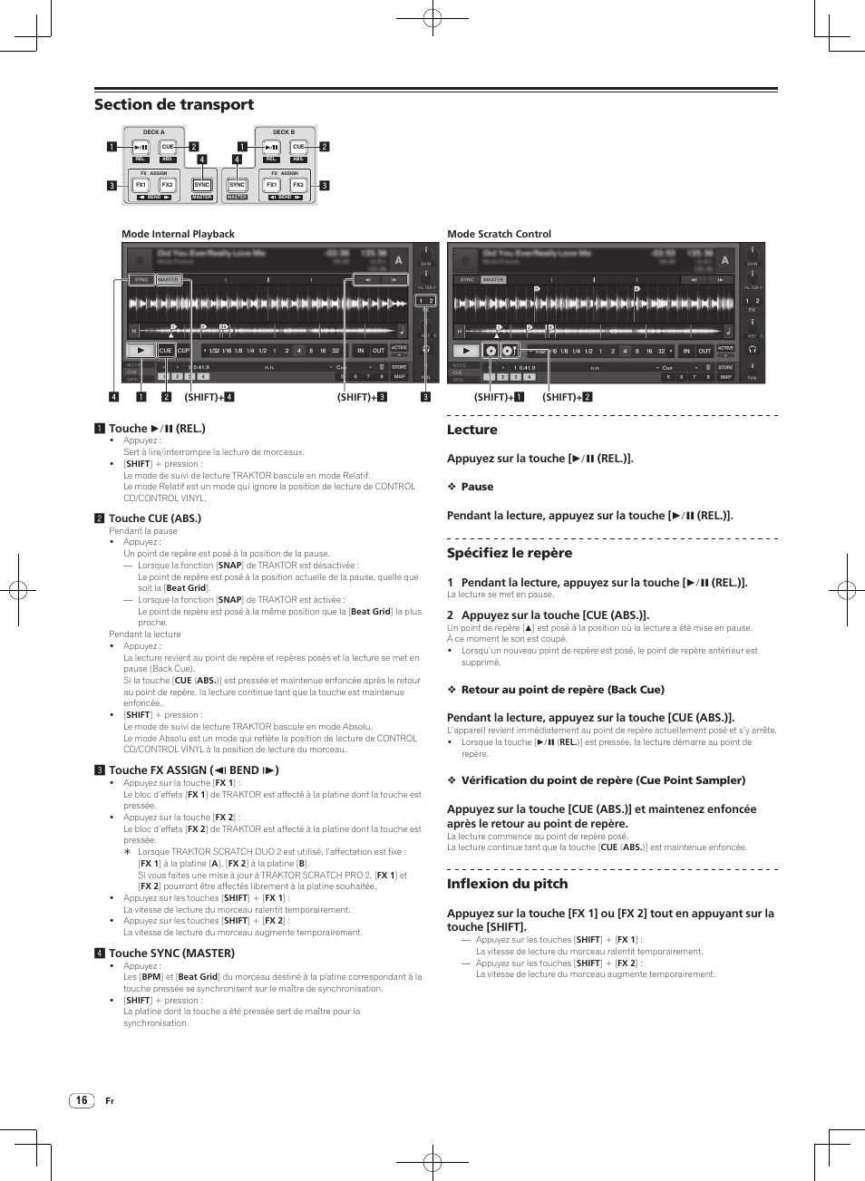 Section de transport, Lecture, Spécifiez le repère | Inflexion du pitch | Pioneer DJM-T1 User Manual | Page 48 / 100