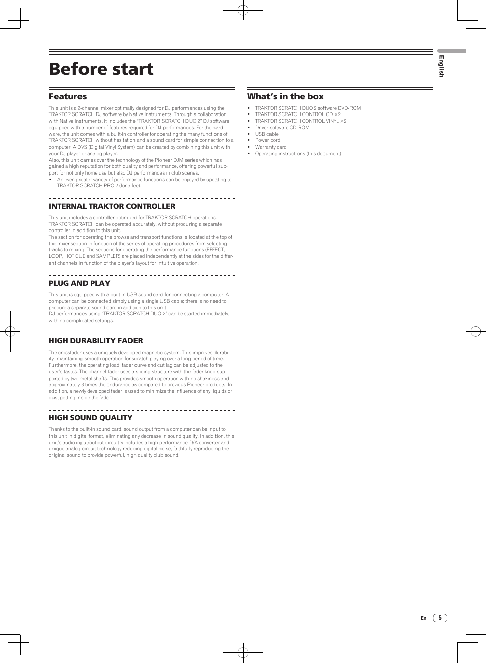 Features what’s in the box, Before start | Pioneer DJM-T1 User Manual | Page 5 / 100