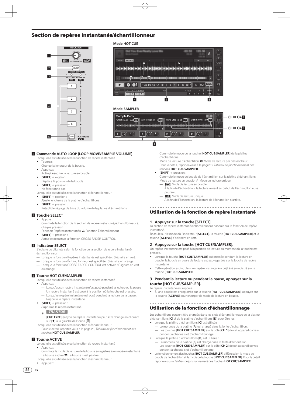Section de repères instantanés/échantillonneur, Utilisation de la fonction de repère instantané, Utilisation de la fonction d’échantillonnage | Pioneer DJM-T1 User Manual | Page 54 / 100