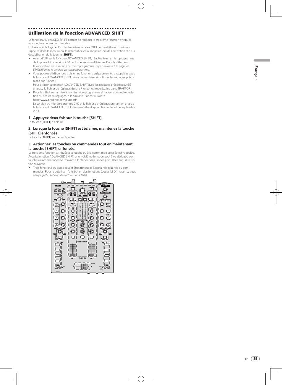 Utilisation de la fonction advanced shift, Push, Français | 1 appuyez deux fois sur la touche [shift, La touche [ shift ] s’éclaire | Pioneer DJM-T1 User Manual | Page 57 / 100