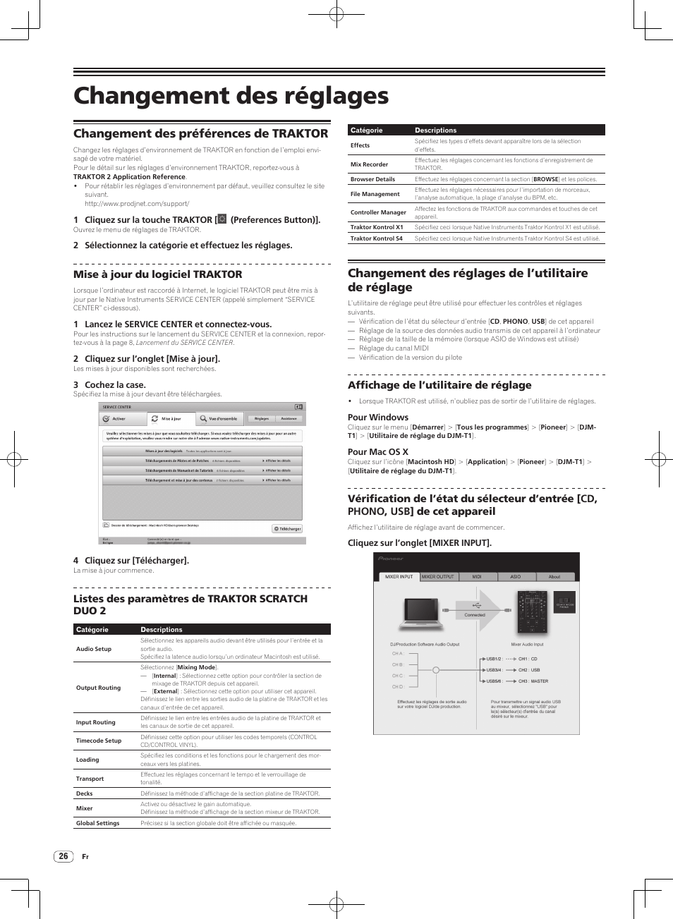 Changement des réglages, Changement des préférences de traktor, Changement des réglages de l’utilitaire de réglage | Mise à jour du logiciel traktor, Listes des paramètres de traktor scratch duo 2, Affichage de l’utilitaire de réglage | Pioneer DJM-T1 User Manual | Page 58 / 100