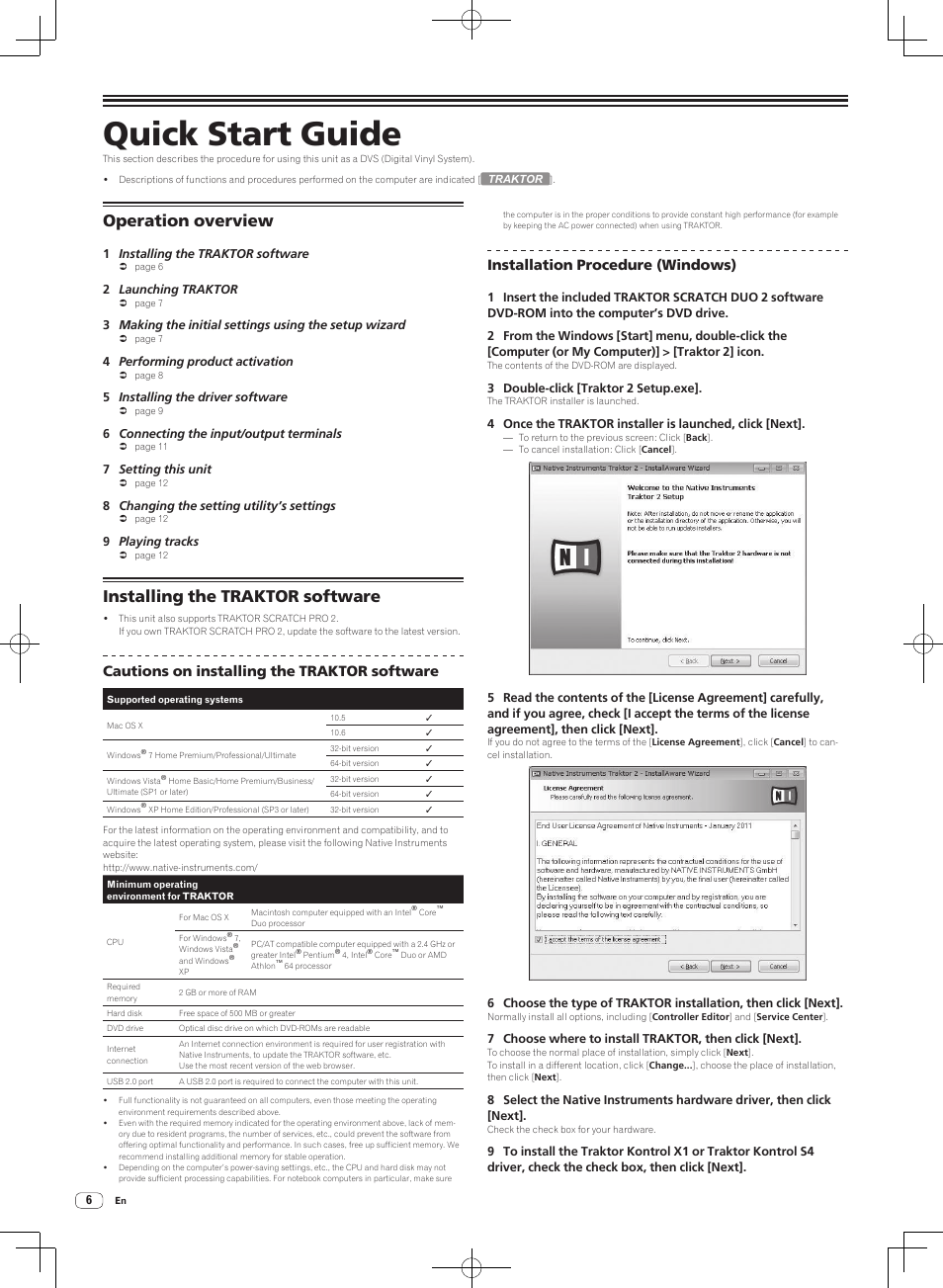 Operation overview installing the traktor software, Quick start guide, Operation overview | Installing the traktor software, Cautions on installing the traktor software, Installation procedure (windows) | Pioneer DJM-T1 User Manual | Page 6 / 100