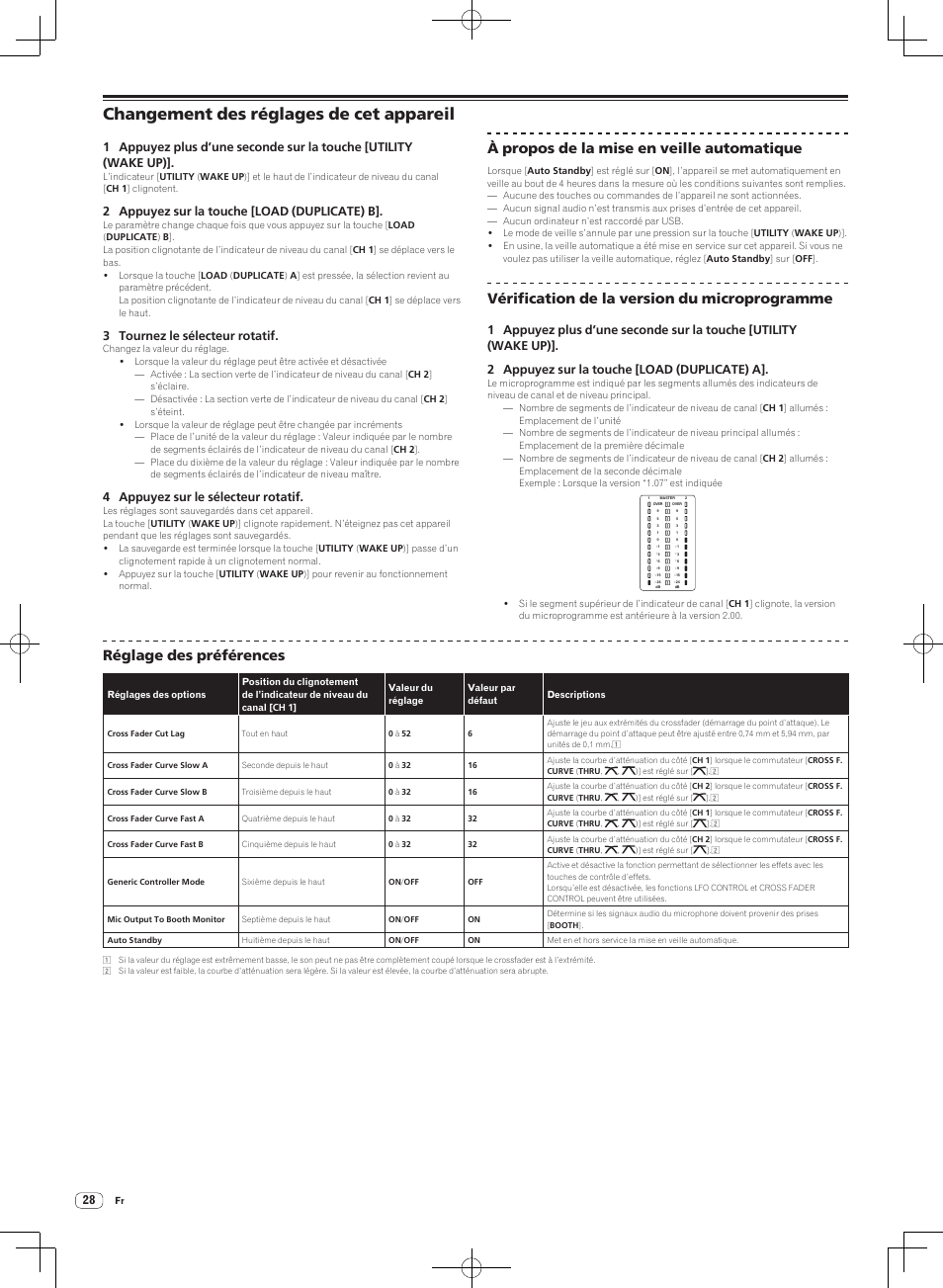 Changement des réglages de cet appareil, À propos de la mise en veille automatique, Vérification de la version du microprogramme | Réglage des préférences, 2 appuyez sur la touche [load (duplicate) b, 3 tournez le sélecteur rotatif, 4 appuyez sur le sélecteur rotatif | Pioneer DJM-T1 User Manual | Page 60 / 100