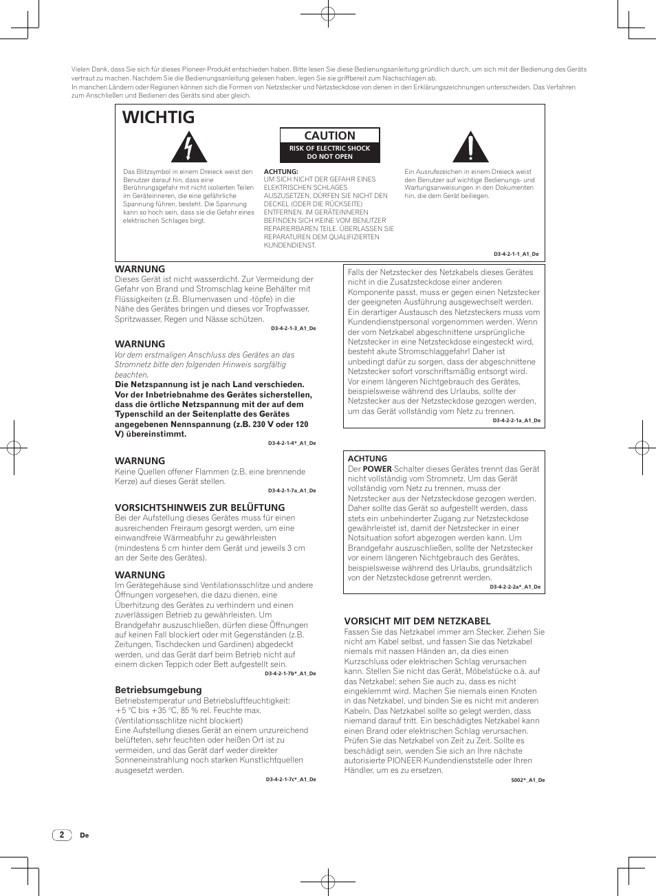 Wichtig, Caution | Pioneer DJM-T1 User Manual | Page 66 / 100
