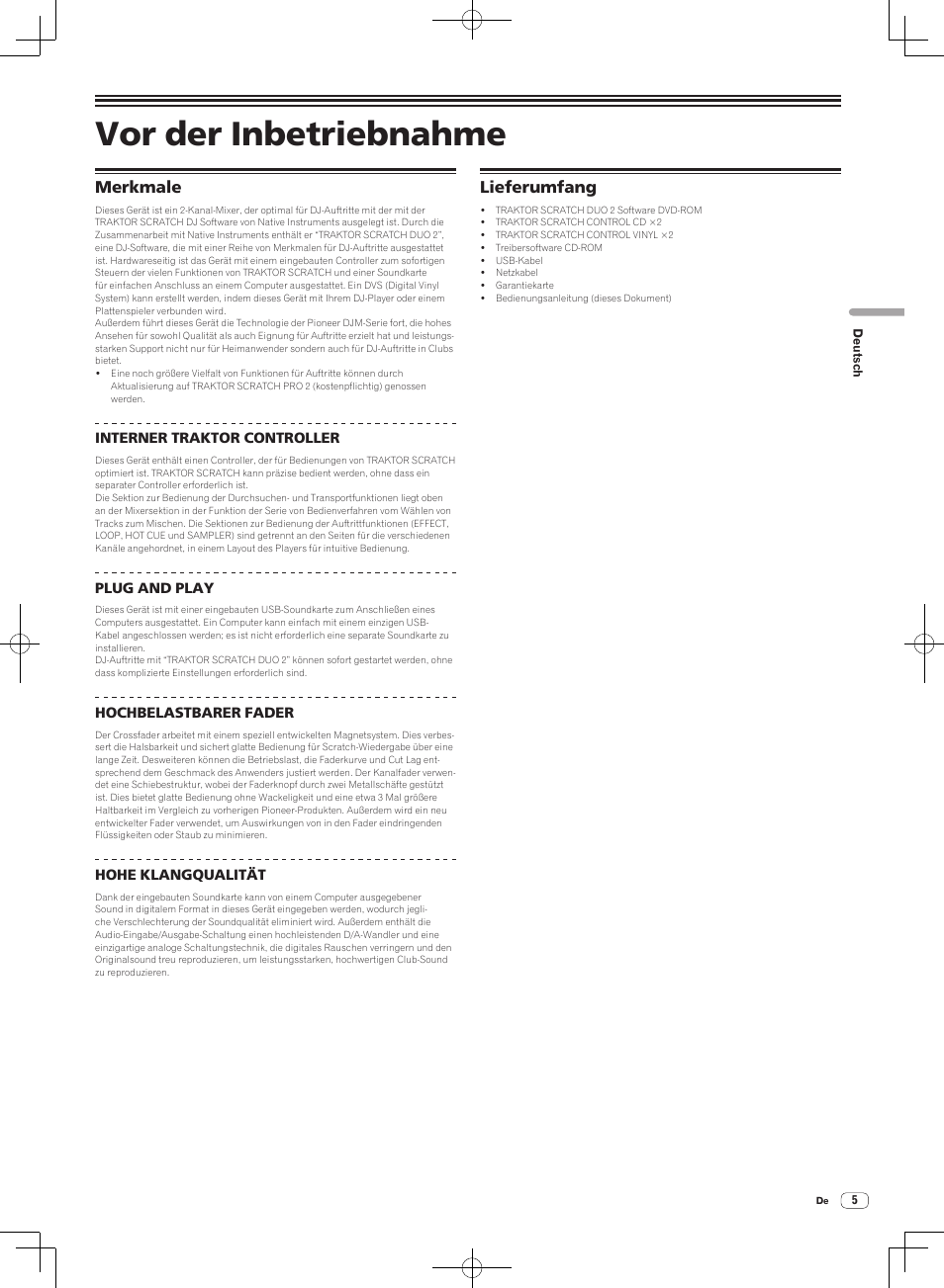 Merkmale lieferumfang, Vor der inbetriebnahme | Pioneer DJM-T1 User Manual | Page 69 / 100