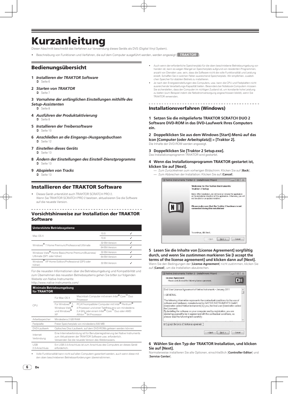 Kurzanleitung, Bedienungsübersicht, Installieren der traktor software | Installationsverfahren (windows) | Pioneer DJM-T1 User Manual | Page 70 / 100