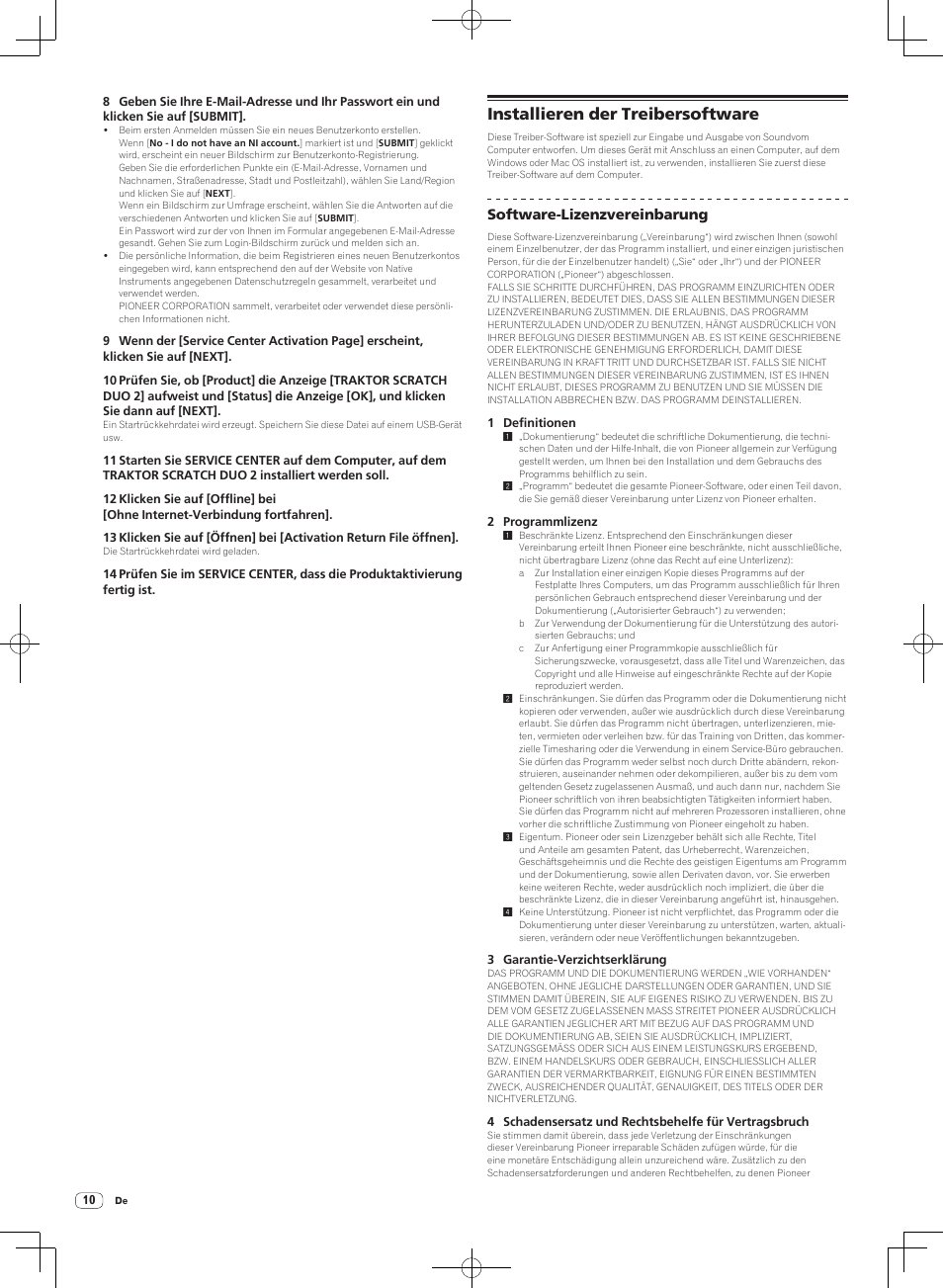 Installieren der treibersoftware, Software-lizenzvereinbarung | Pioneer DJM-T1 User Manual | Page 74 / 100