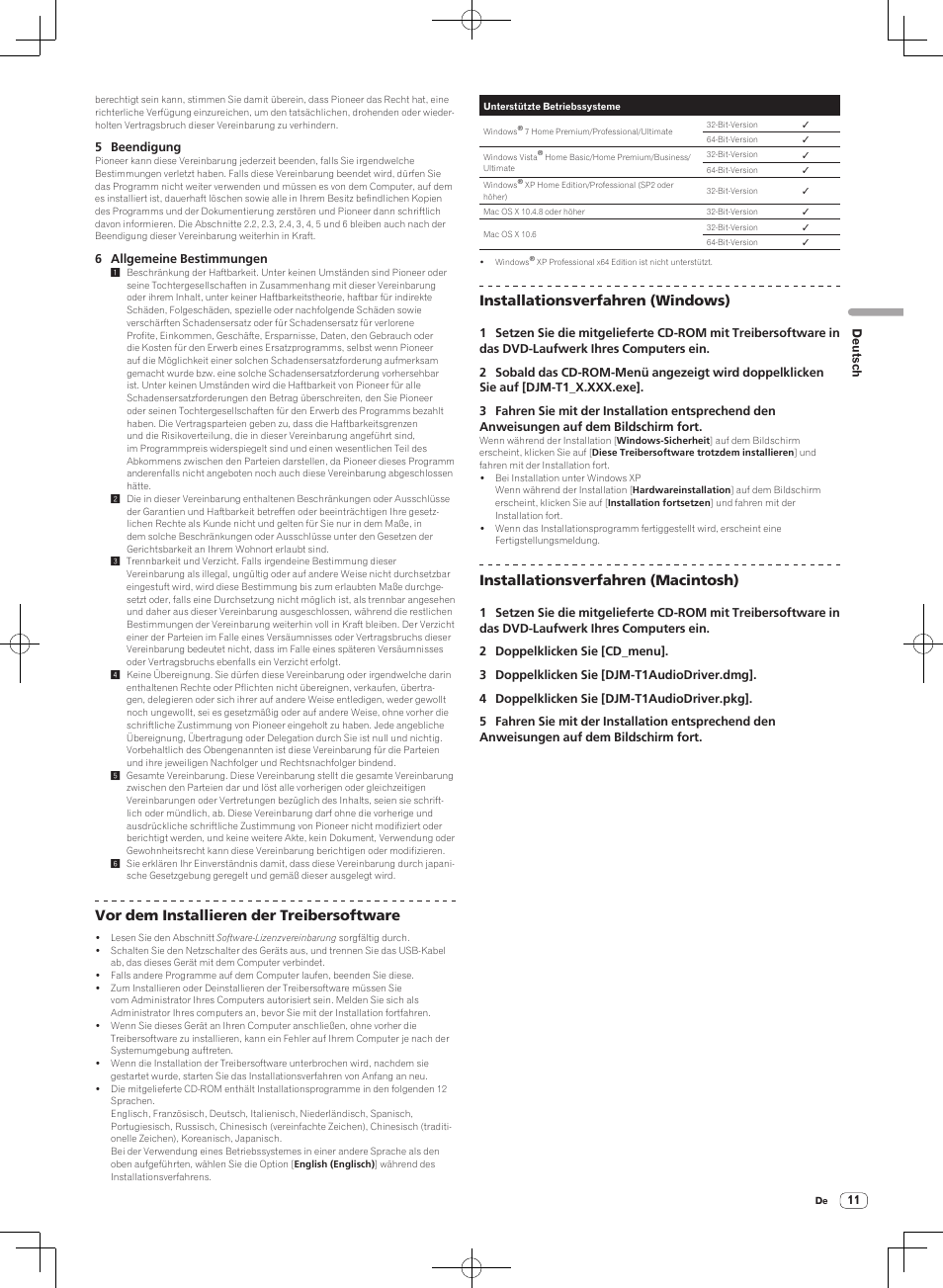 Vor dem installieren der treibersoftware, Installationsverfahren (windows), Installationsverfahren (macintosh) | Pioneer DJM-T1 User Manual | Page 75 / 100