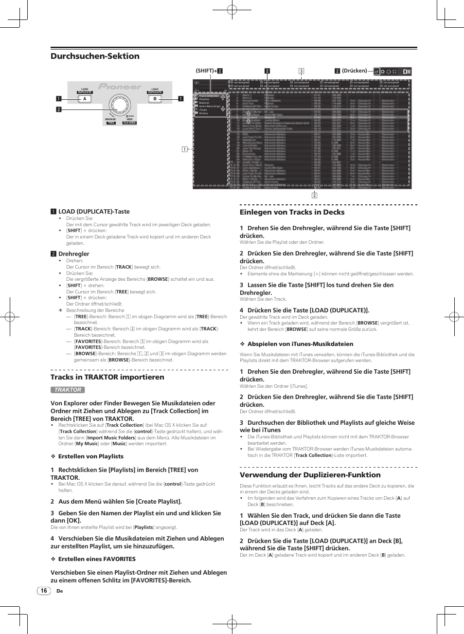 Durchsuchen-sektion, Tracks in traktor importieren, Einlegen von tracks in decks | Verwendung der duplizieren-funktion | Pioneer DJM-T1 User Manual | Page 80 / 100