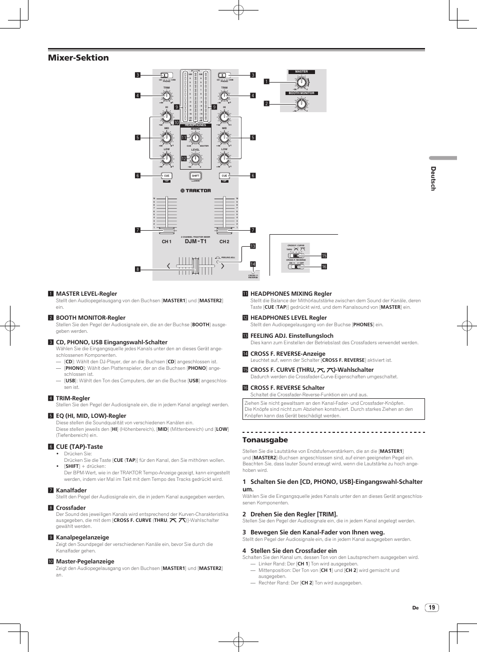Mixer-sektion, Tonausgabe, Deutsch | 2booth monitor-regler, 3cd, phono, usb eingangswahl-schalter, 4trim-regler, 5eq (hi, mid, low)-regler, 6cue (tap)-taste, 7kanalfader, 8crossfader | Pioneer DJM-T1 User Manual | Page 83 / 100