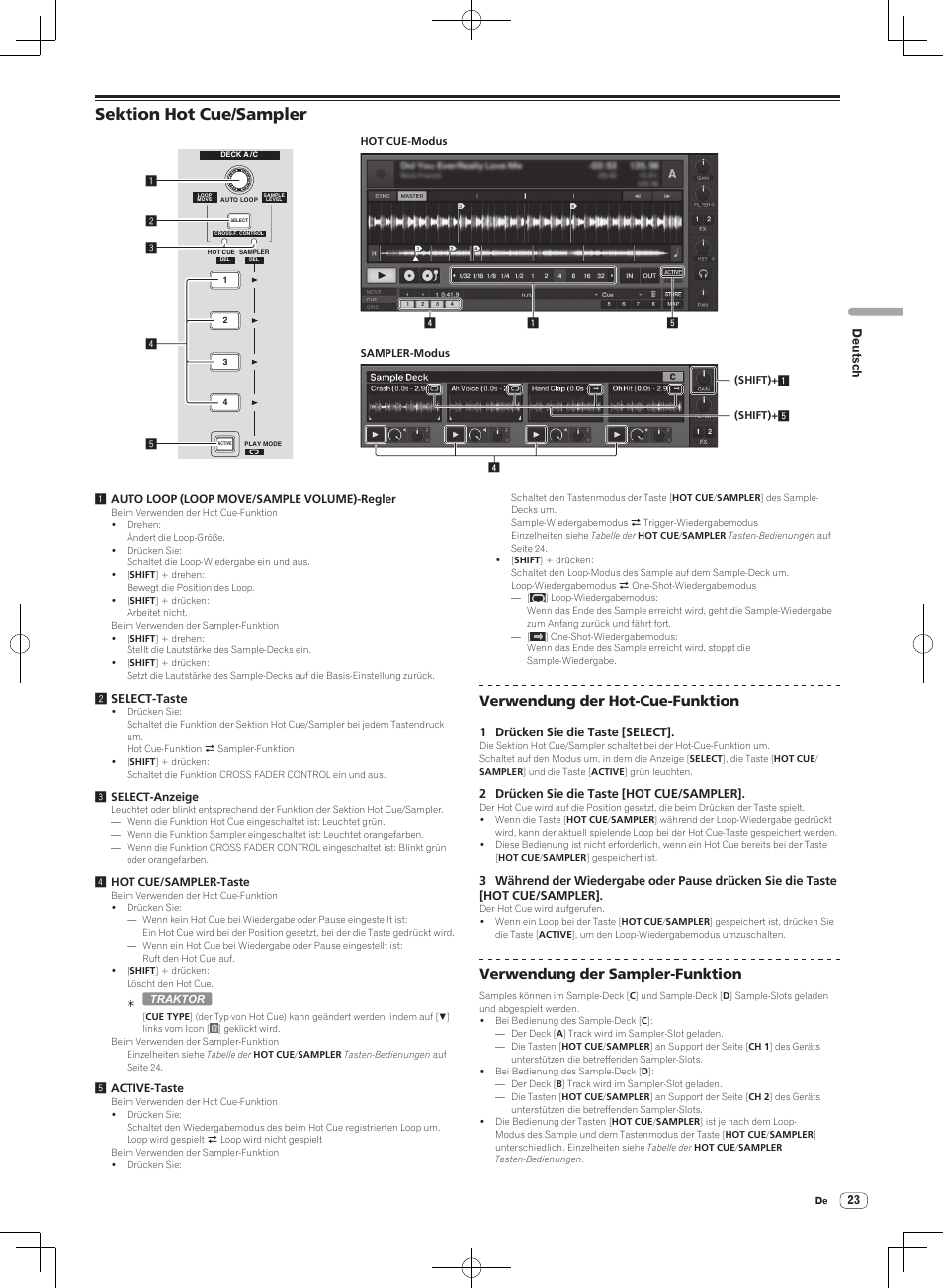 Sektion hot cue/sampler, Verwendung der hot-cue-funktion, Verwendung der sampler-funktion | Pioneer DJM-T1 User Manual | Page 87 / 100